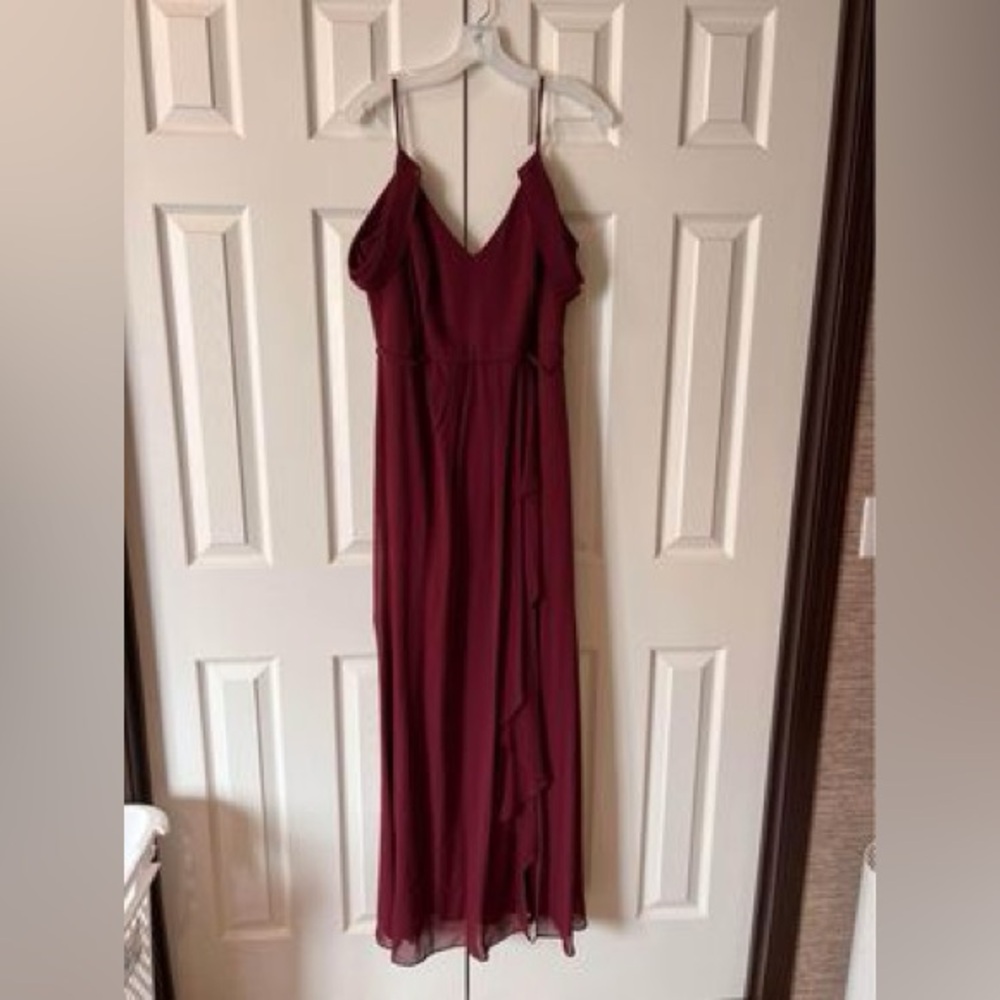 David Bridal cascading off-the-shoulder dress
